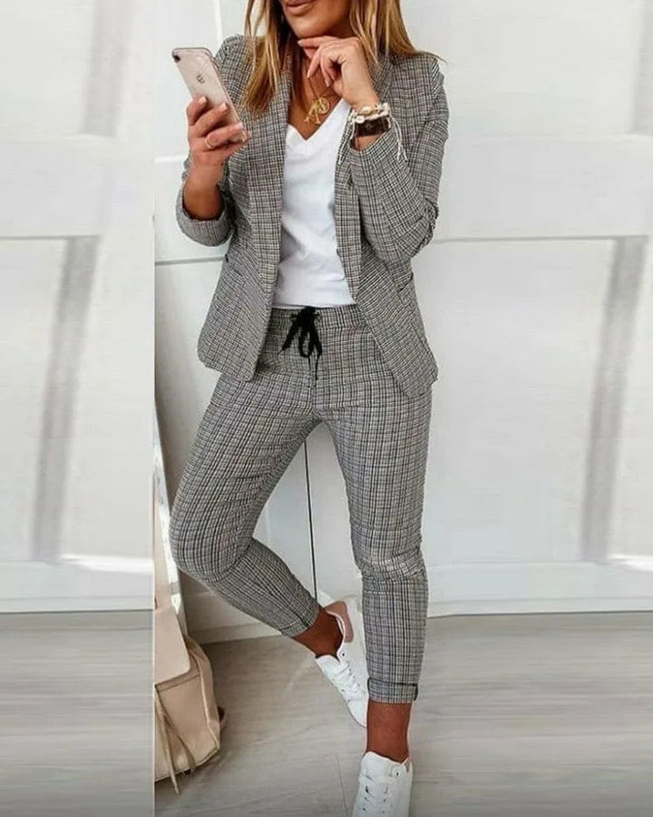 Women's Plaid Winter Blazer Set Long Sleeve Jacket Slim Pants Suit