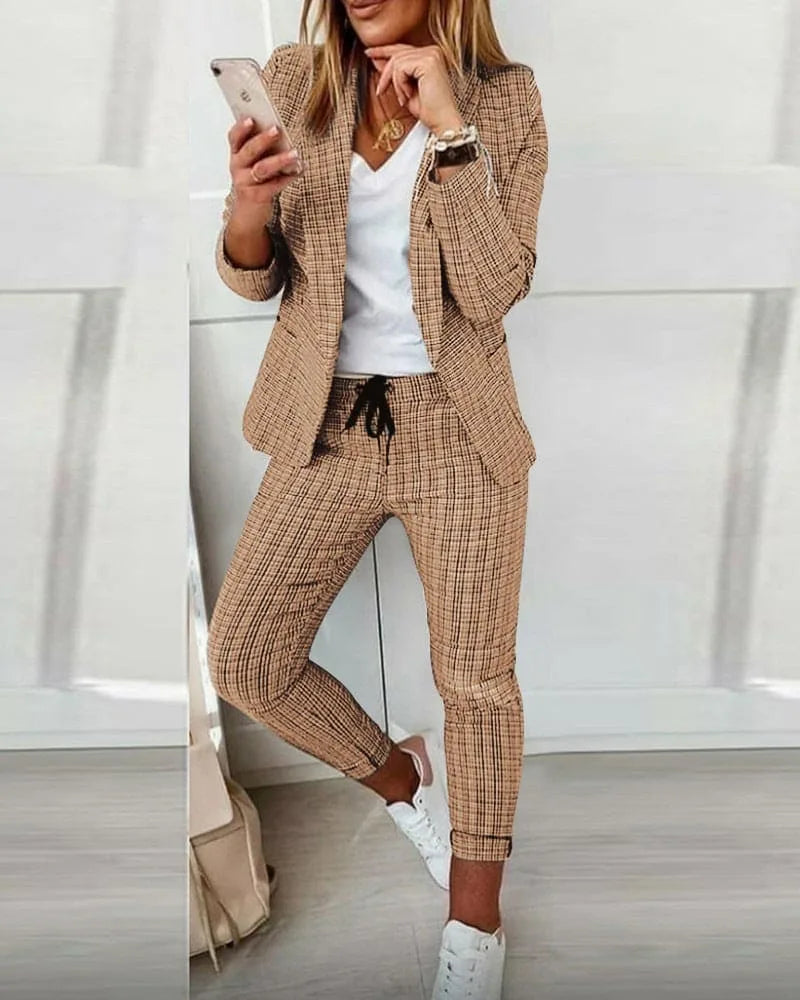 Women's Plaid Winter Blazer Set Long Sleeve Jacket Slim Pants Suit