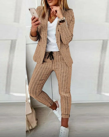 Women's Plaid Winter Blazer Set Long Sleeve Jacket Slim Pants Suit