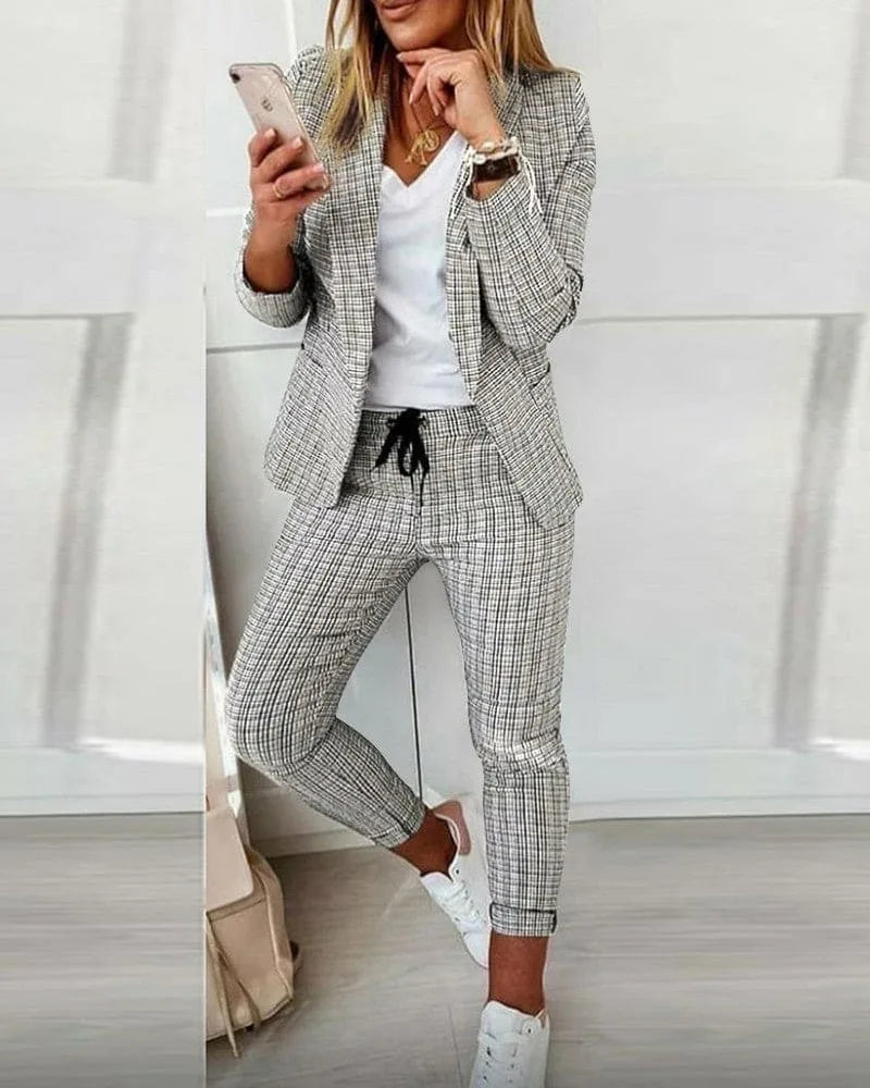 Women's Plaid Winter Blazer Set Long Sleeve Jacket Slim Pants Suit