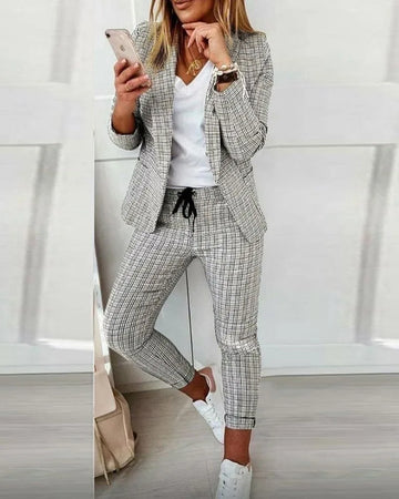 Women's Plaid Winter Blazer Set Long Sleeve Jacket Slim Pants Suit