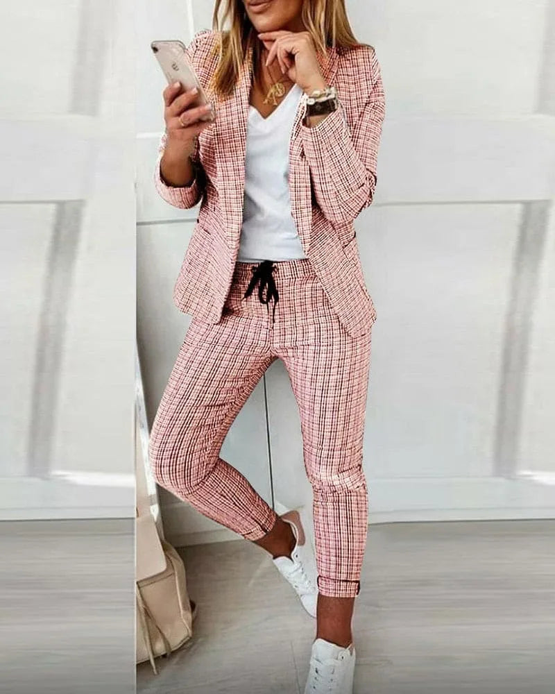 Women's Plaid Winter Blazer Set Long Sleeve Jacket Slim Pants Suit