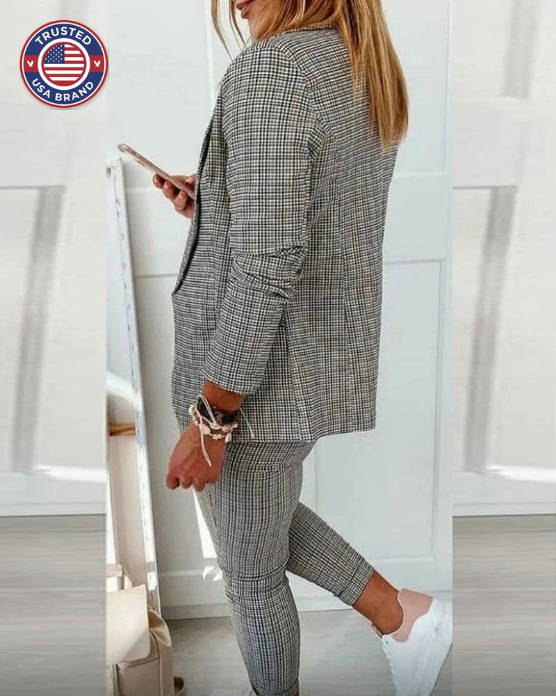 Women's Plaid Winter Blazer Set Long Sleeve Jacket Slim Pants Suit
