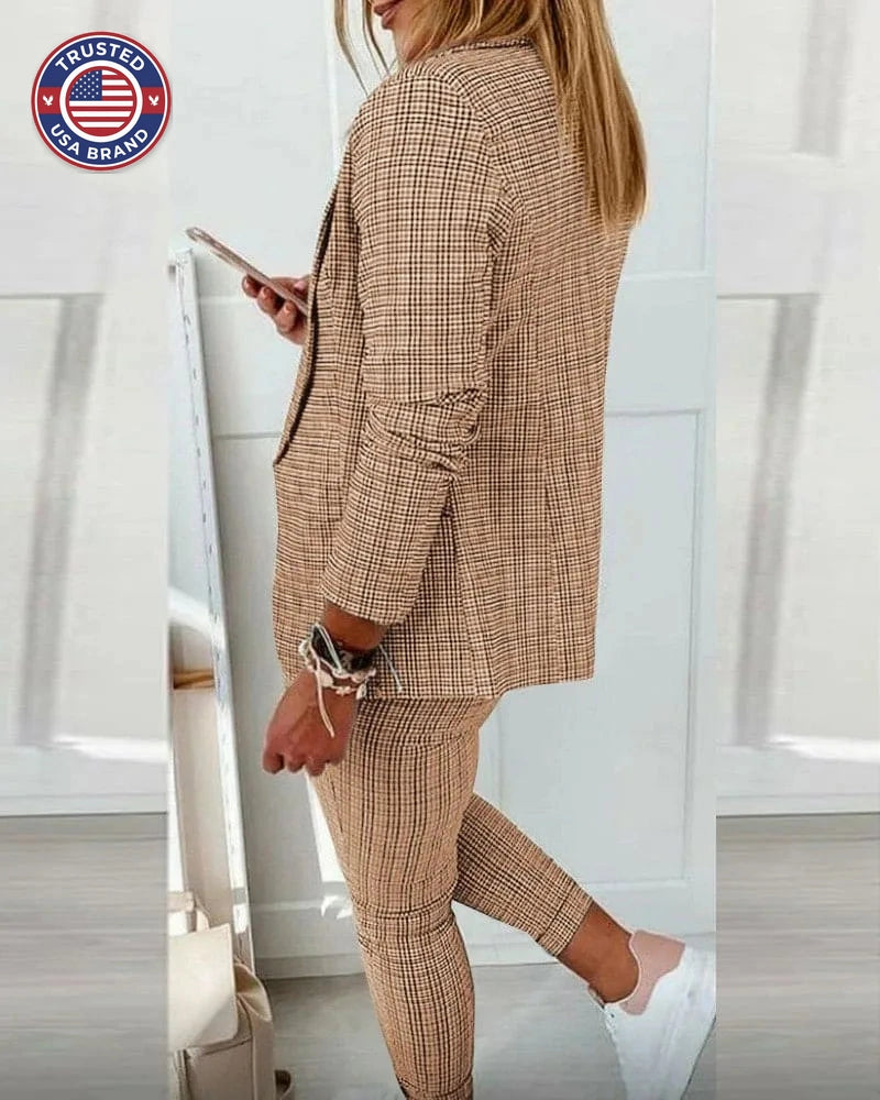 Women's Plaid Winter Blazer Set Long Sleeve Jacket Slim Pants Suit
