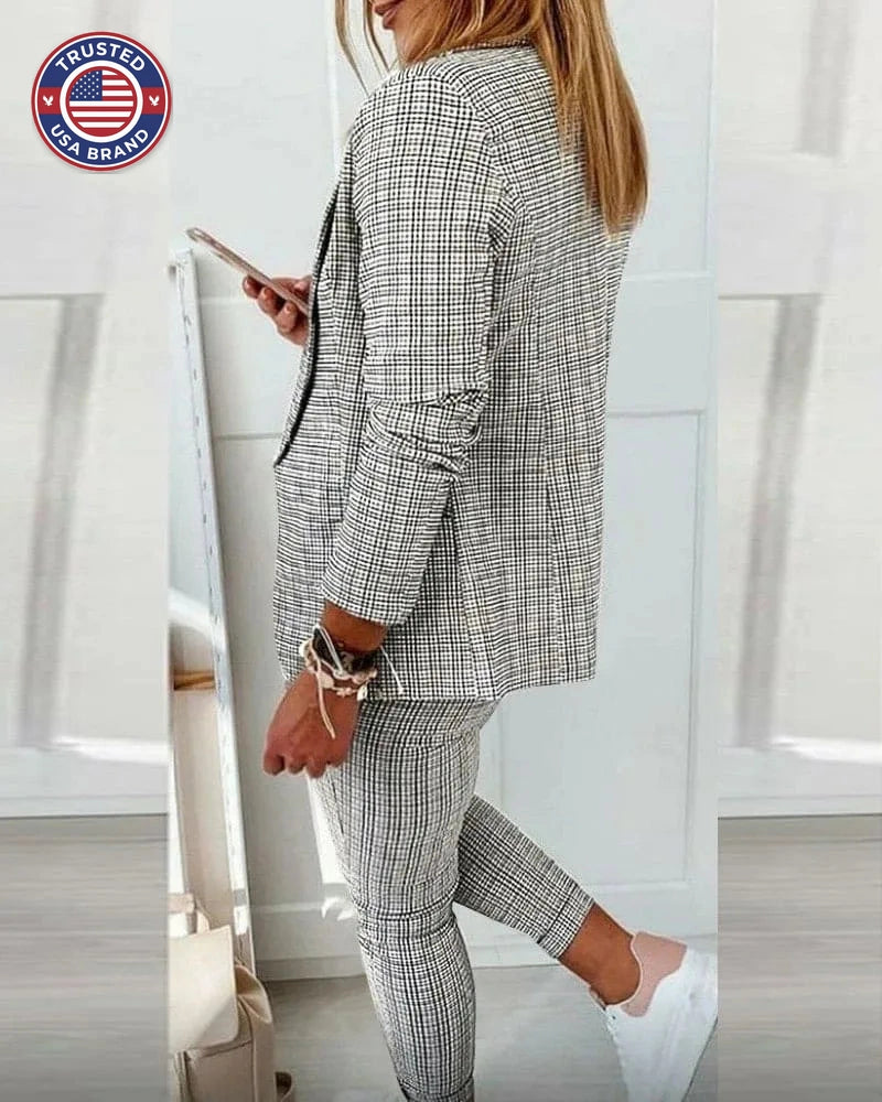 Women's Plaid Winter Blazer Set Long Sleeve Jacket Slim Pants Suit