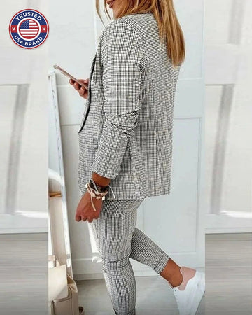 Women's Plaid Winter Blazer Set Long Sleeve Jacket Slim Pants Suit