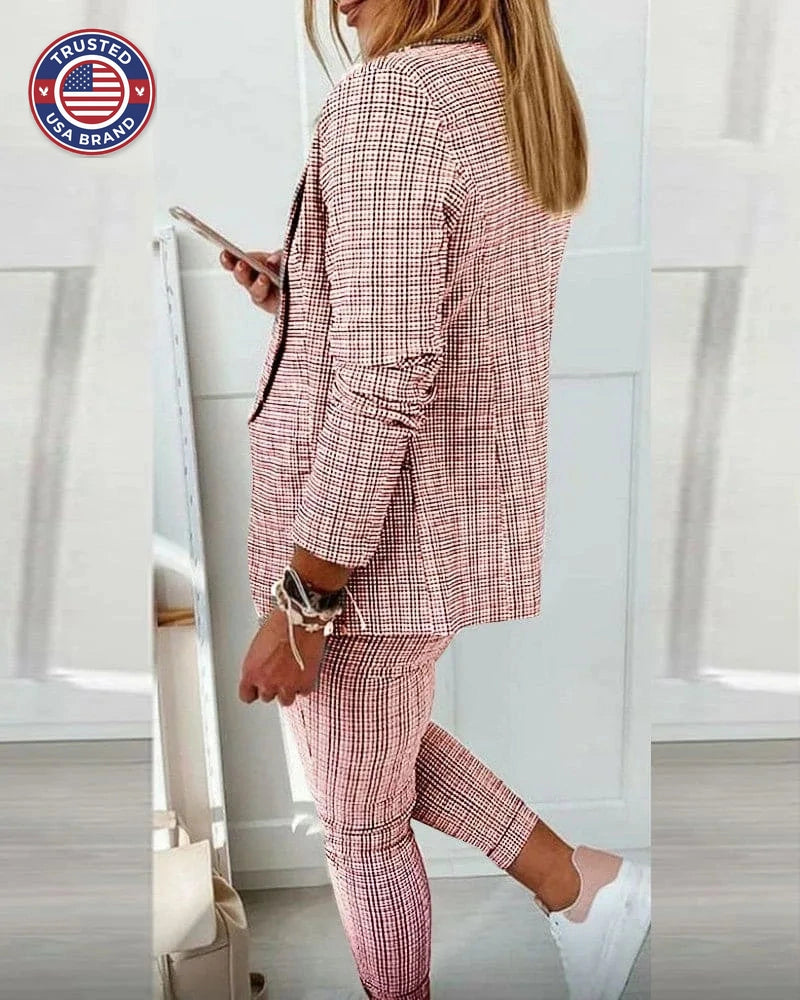 Women's Plaid Winter Blazer Set Long Sleeve Jacket Slim Pants Suit