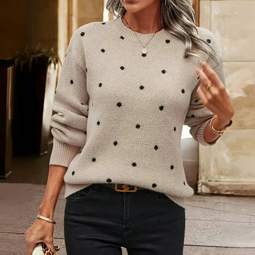 Women's polka dot knit crew neck winter sweater with small dots
