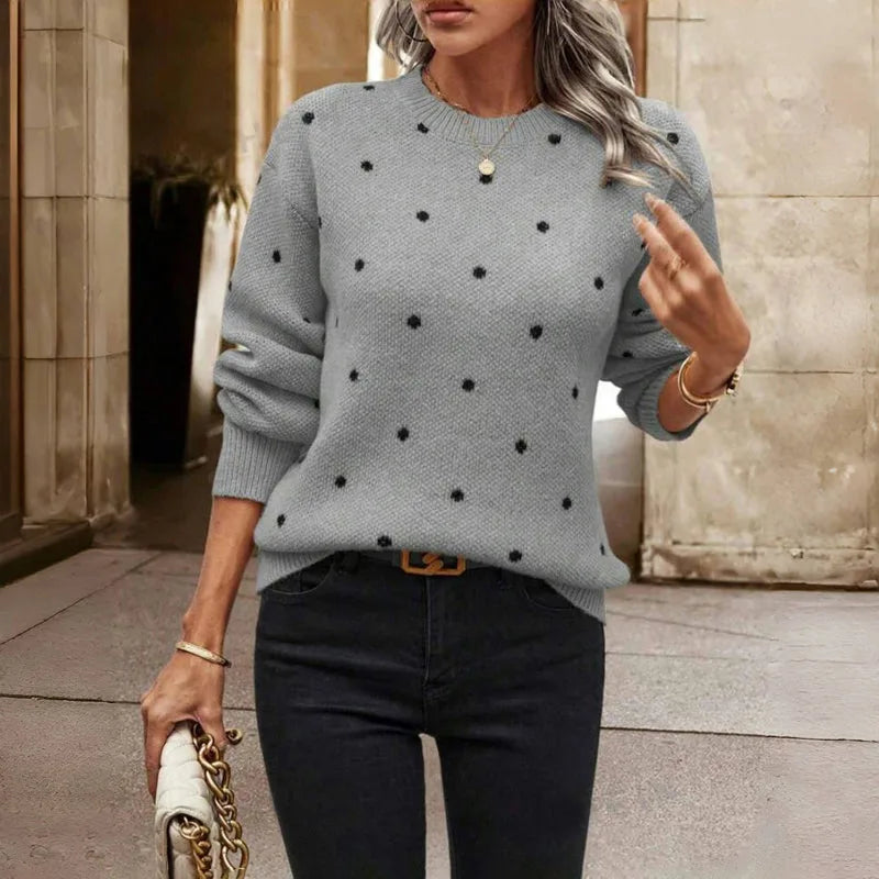 Women's polka dot knit crew neck winter sweater with small dots