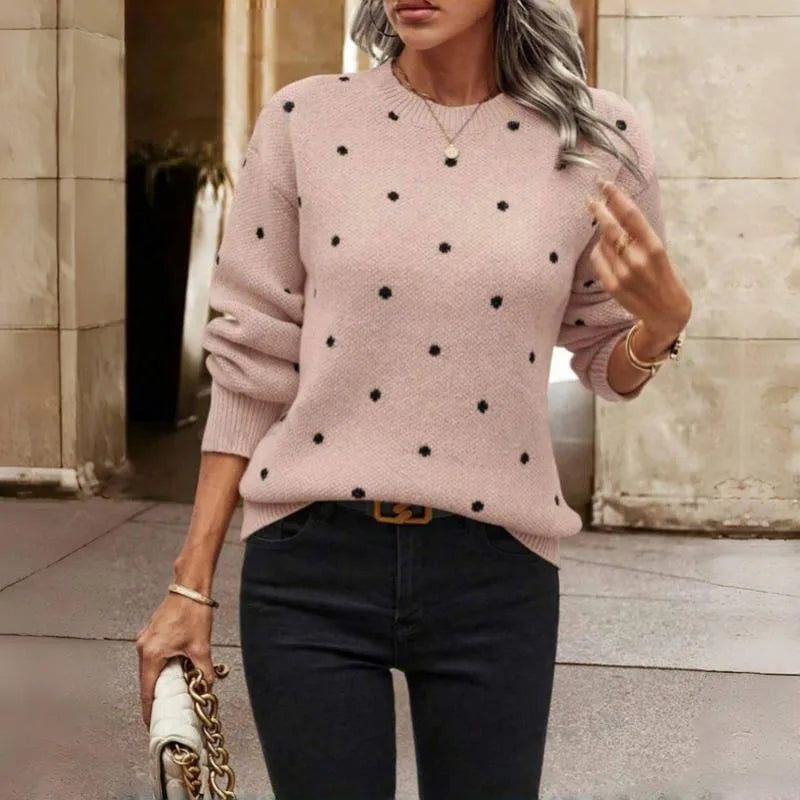Women's polka dot knit crew neck winter sweater with small dots