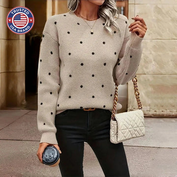 Women's polka dot knit crew neck winter sweater with small dots