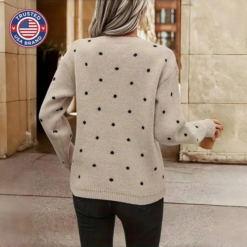 Women's polka dot knit crew neck winter sweater with small dots