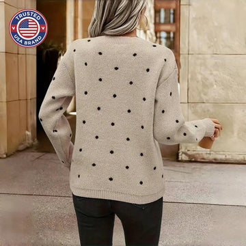 Women's polka dot knit crew neck winter sweater with small dots