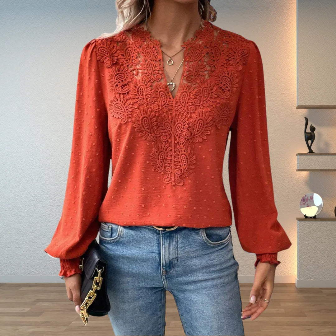 Women's polka dot v-neck winter blouse with lace applique front