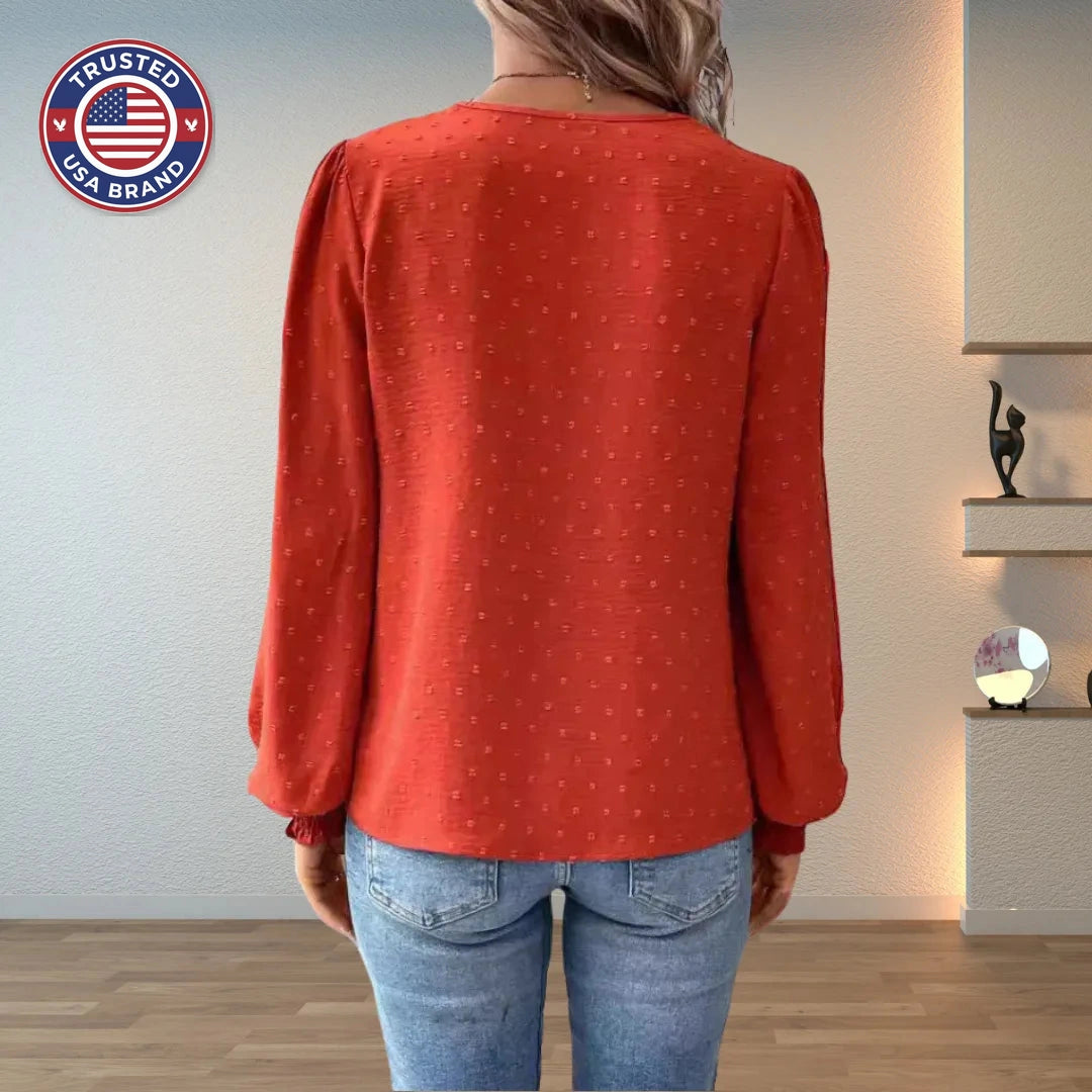 Women's polka dot v-neck winter blouse with lace applique front
