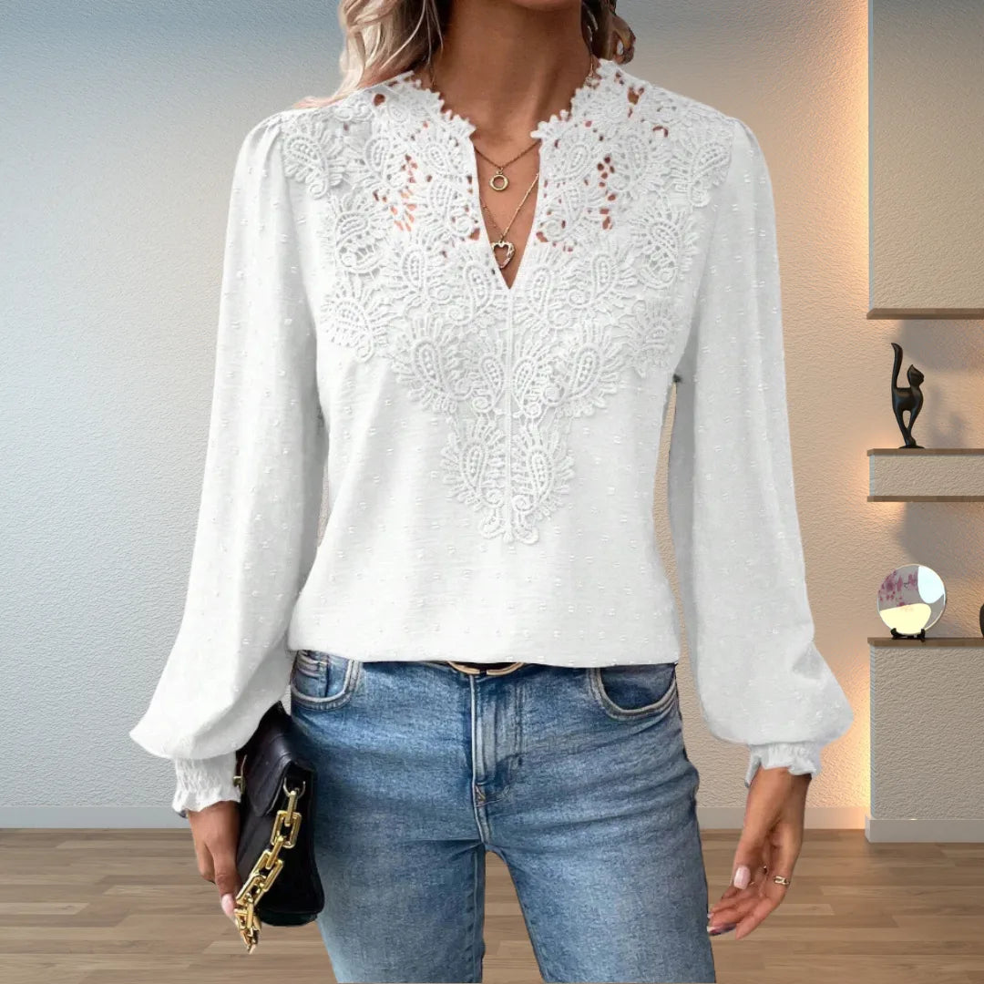 Women's polka dot v-neck winter blouse with lace applique front