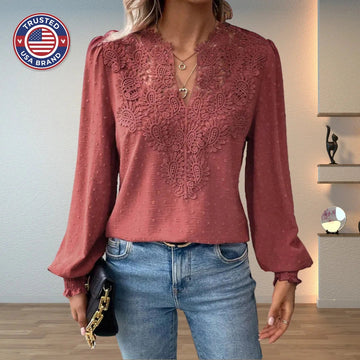 Women's polka dot v-neck winter blouse with lace applique front