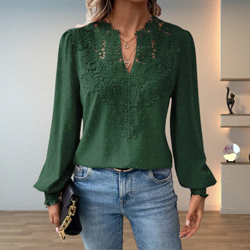 Women's polka dot v-neck winter blouse with lace applique front