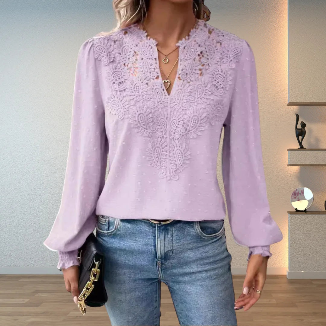 Women's polka dot v-neck winter blouse with lace applique front