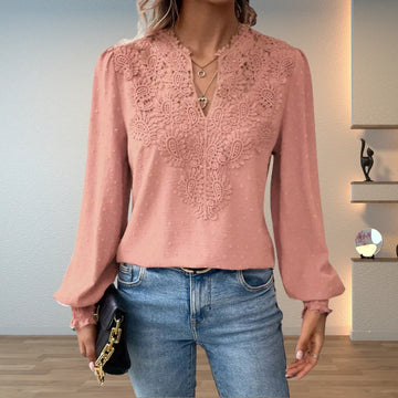 Women's polka dot v-neck winter blouse with lace applique front