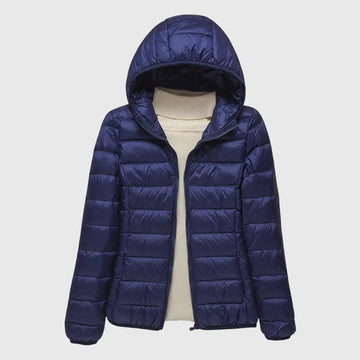 Women's quilted zip-up hooded winter puffer jacket with lightweight padded
