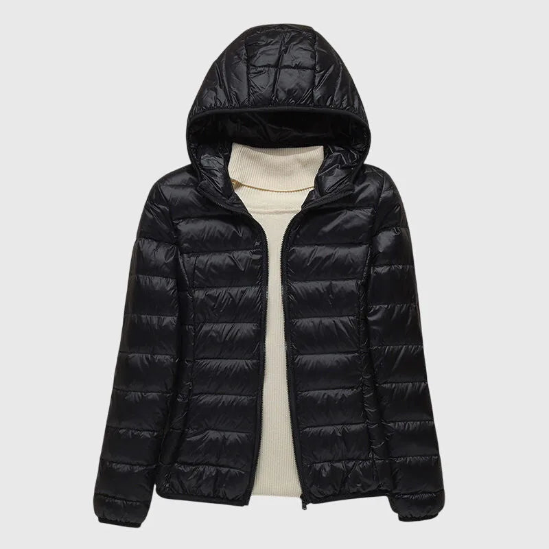 Women's quilted zip-up hooded winter puffer jacket with lightweight padded