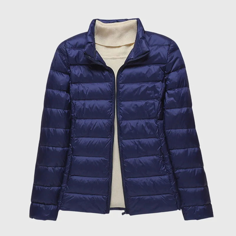 Women's quilted zip-up hooded winter puffer jacket with lightweight padded