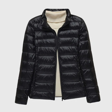 Women's quilted zip-up hooded winter puffer jacket with lightweight padded
