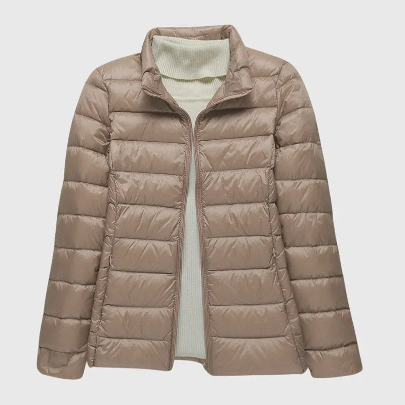 Women's quilted zip-up hooded winter puffer jacket with lightweight padded