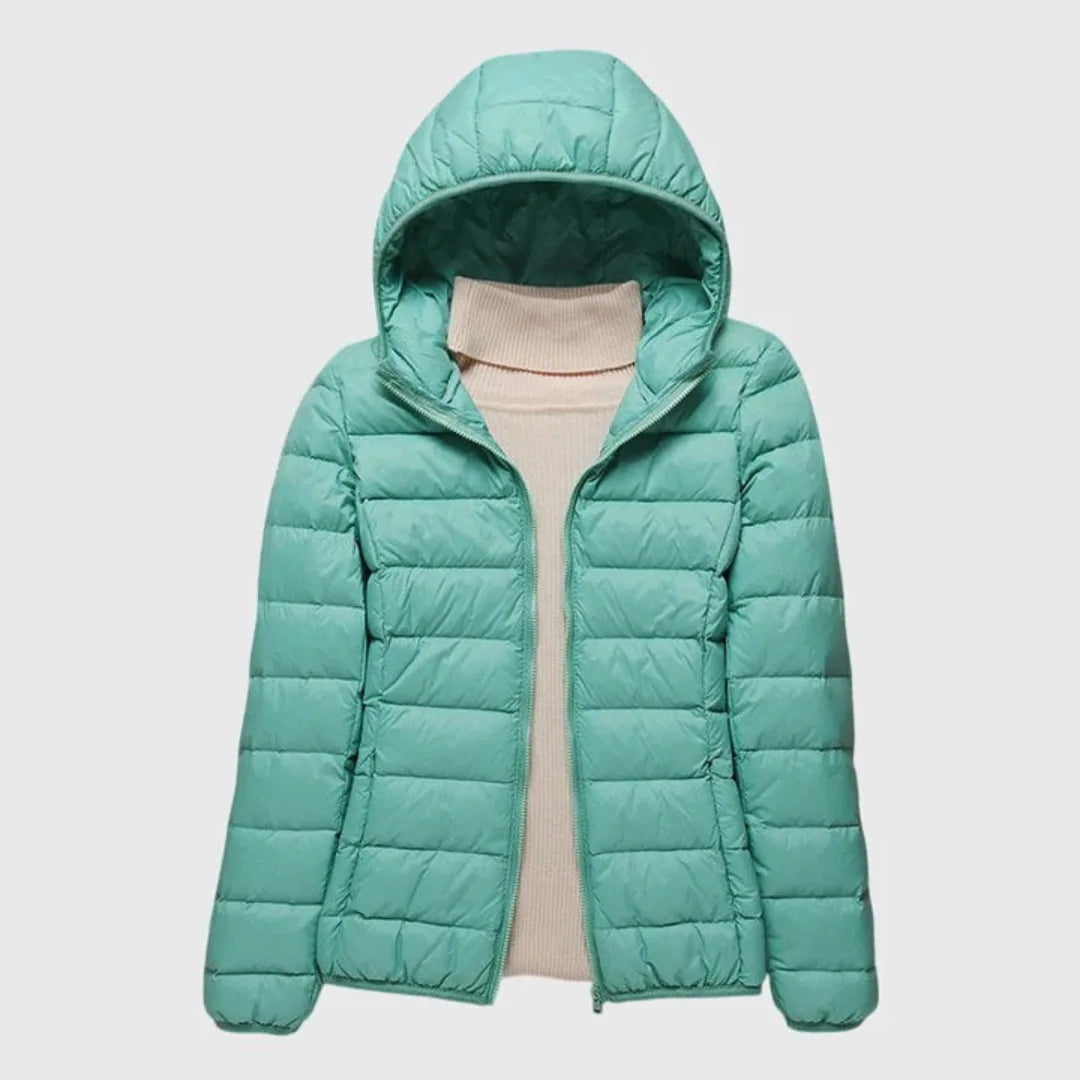 Women's quilted zip-up hooded winter puffer jacket with lightweight padded
