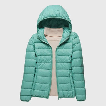 Women's quilted zip-up hooded winter puffer jacket with lightweight padded