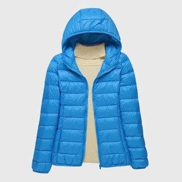 Women's quilted zip-up hooded winter puffer jacket with lightweight padded