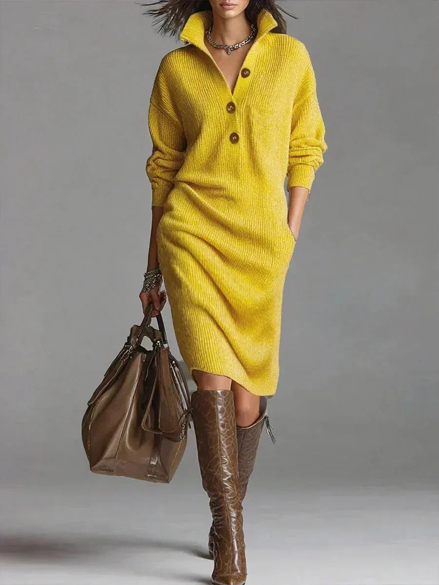 Women's ribbed button-front collared winter sweater dress with side pockets