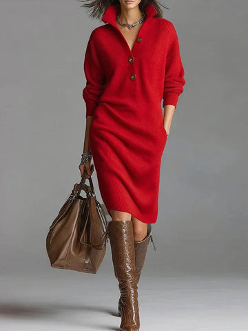 Women's ribbed button-front collared winter sweater dress with side pockets