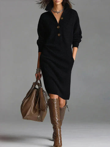 Women's ribbed button-front collared winter sweater dress with side pockets