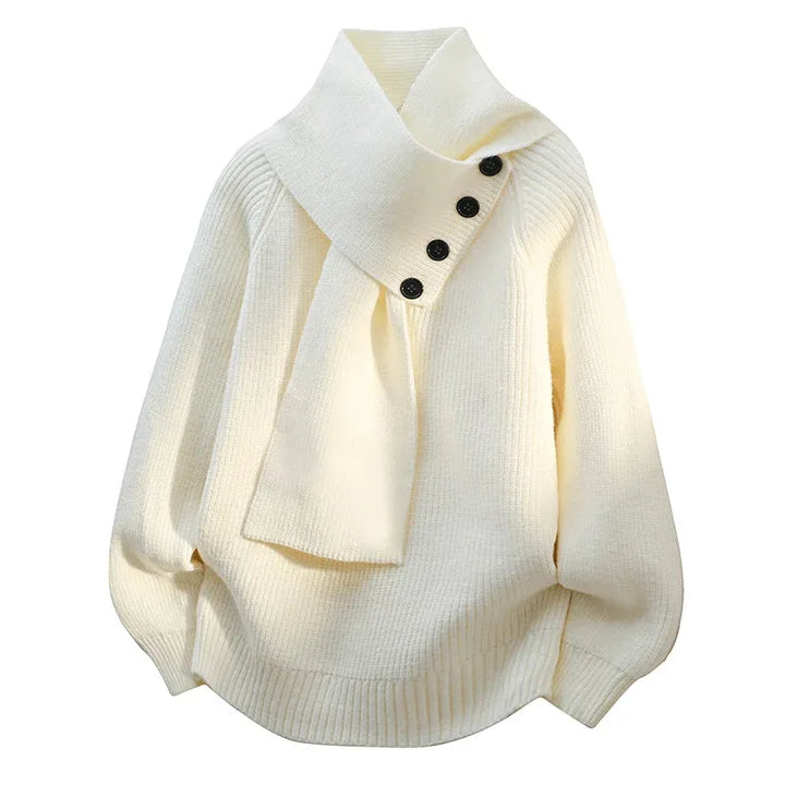 Women's ribbed button-front stand collar winter sweater with integrated scarf