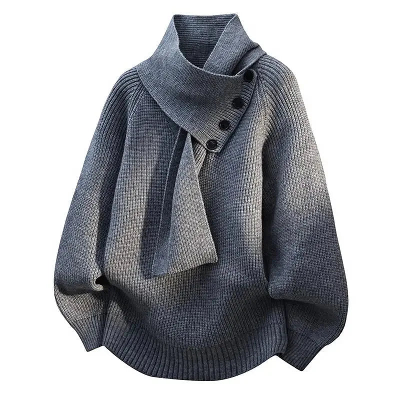 Women's ribbed button-front stand collar winter sweater with integrated scarf