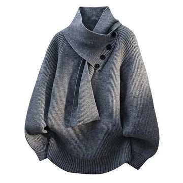 Women's ribbed button-front stand collar winter sweater with integrated scarf