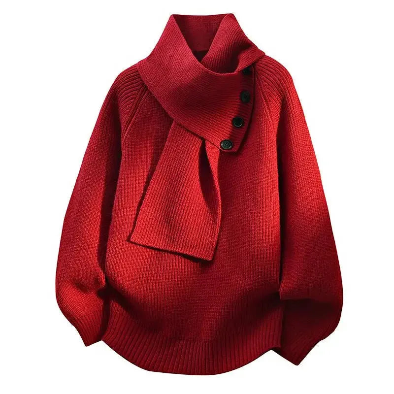 Women's ribbed button-front stand collar winter sweater with integrated scarf