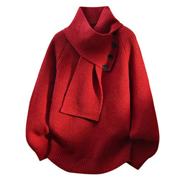 Women's ribbed button-front stand collar winter sweater with integrated scarf