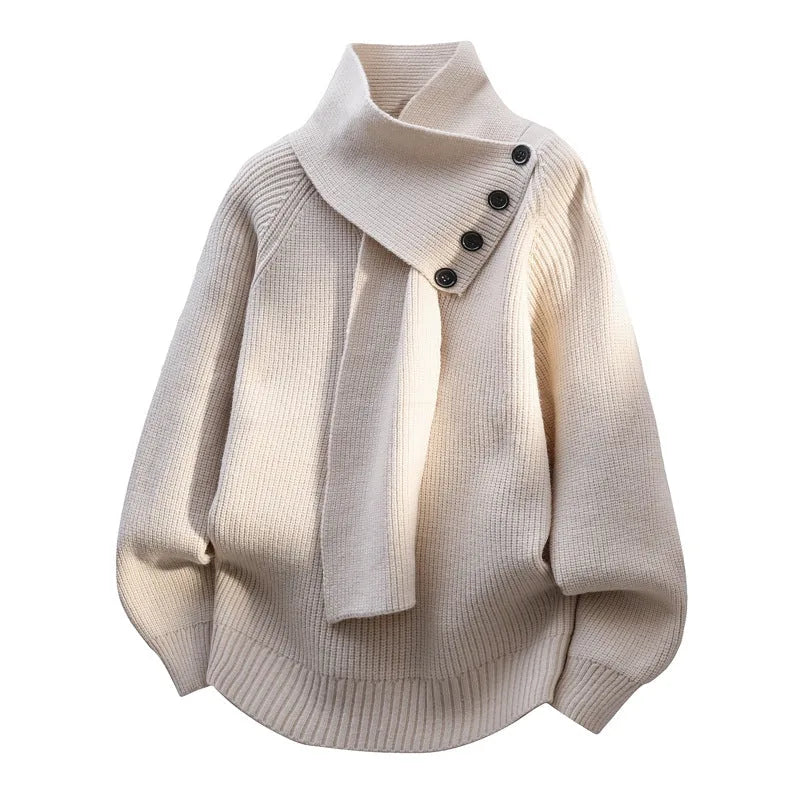 Women's ribbed button-front stand collar winter sweater with integrated scarf