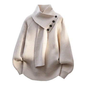 Women's ribbed button-front stand collar winter sweater with integrated scarf