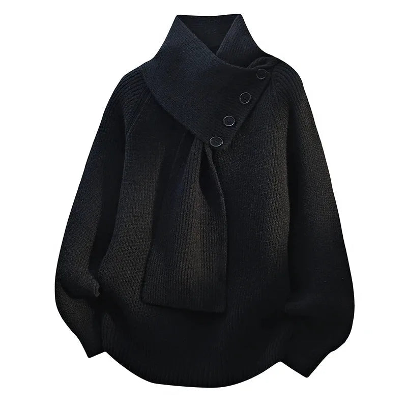 Women's ribbed button-front stand collar winter sweater with integrated scarf