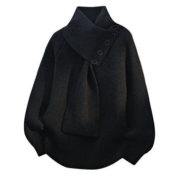 Women's ribbed button-front stand collar winter sweater with integrated scarf