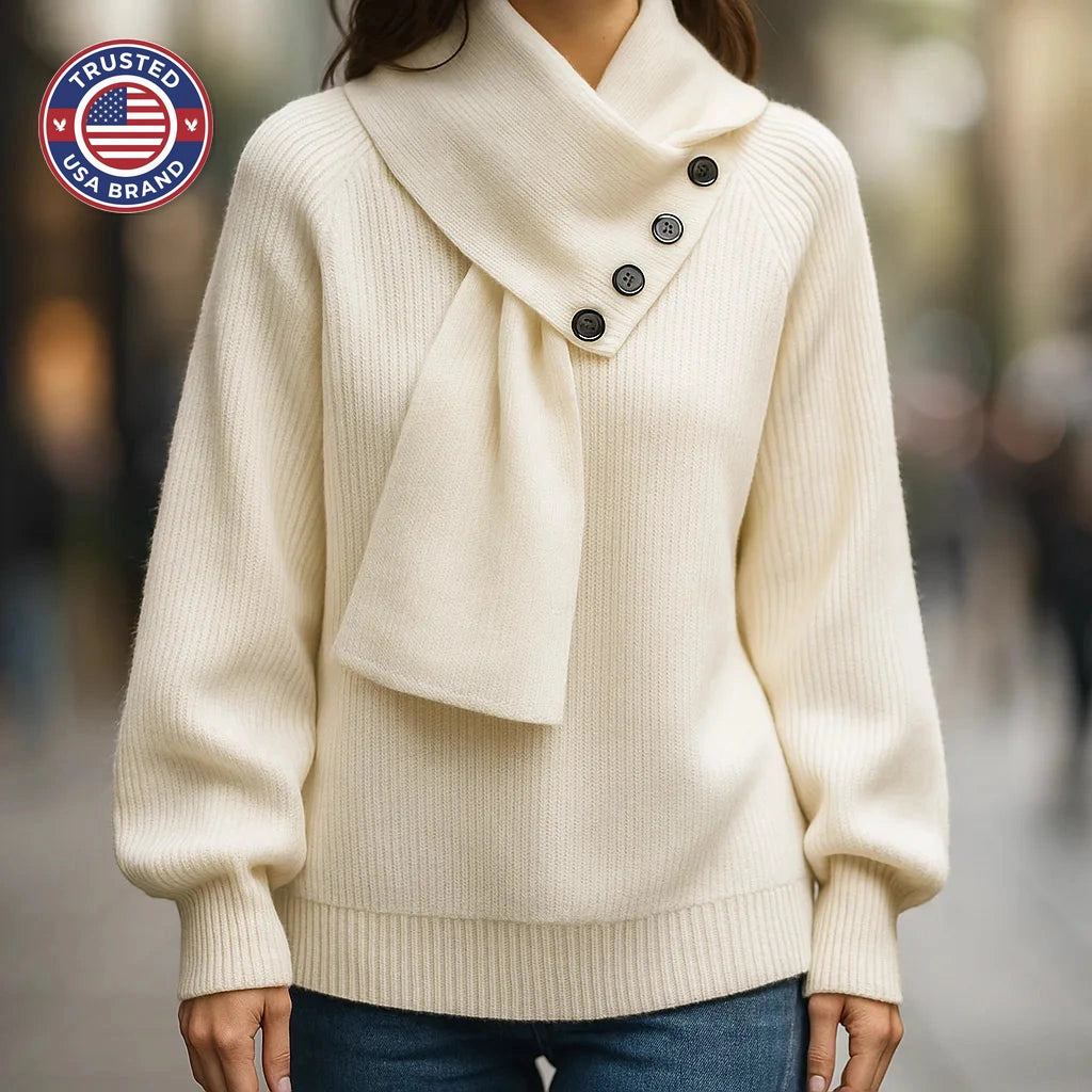 Women's ribbed button-front stand collar winter sweater with integrated scarf