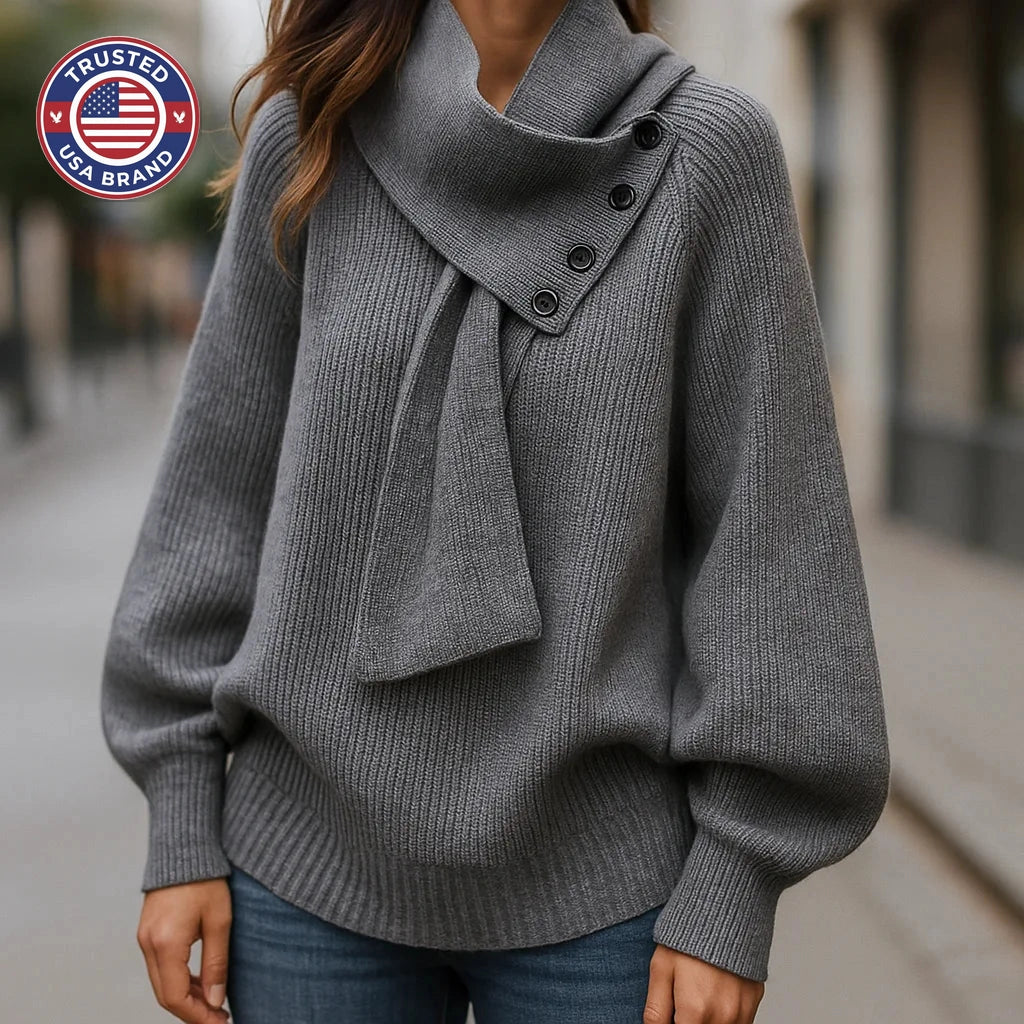 Women's ribbed button-front stand collar winter sweater with integrated scarf