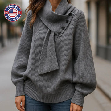 Women's ribbed button-front stand collar winter sweater with integrated scarf