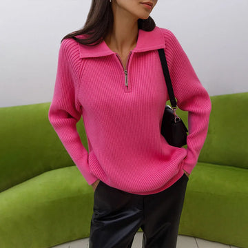 Women's ribbed collared winter half zip sweater