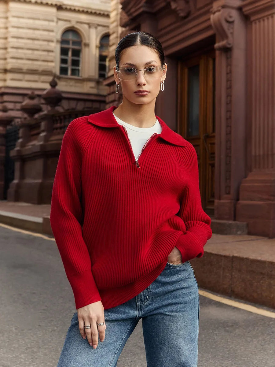 Women's ribbed collared winter half zip sweater