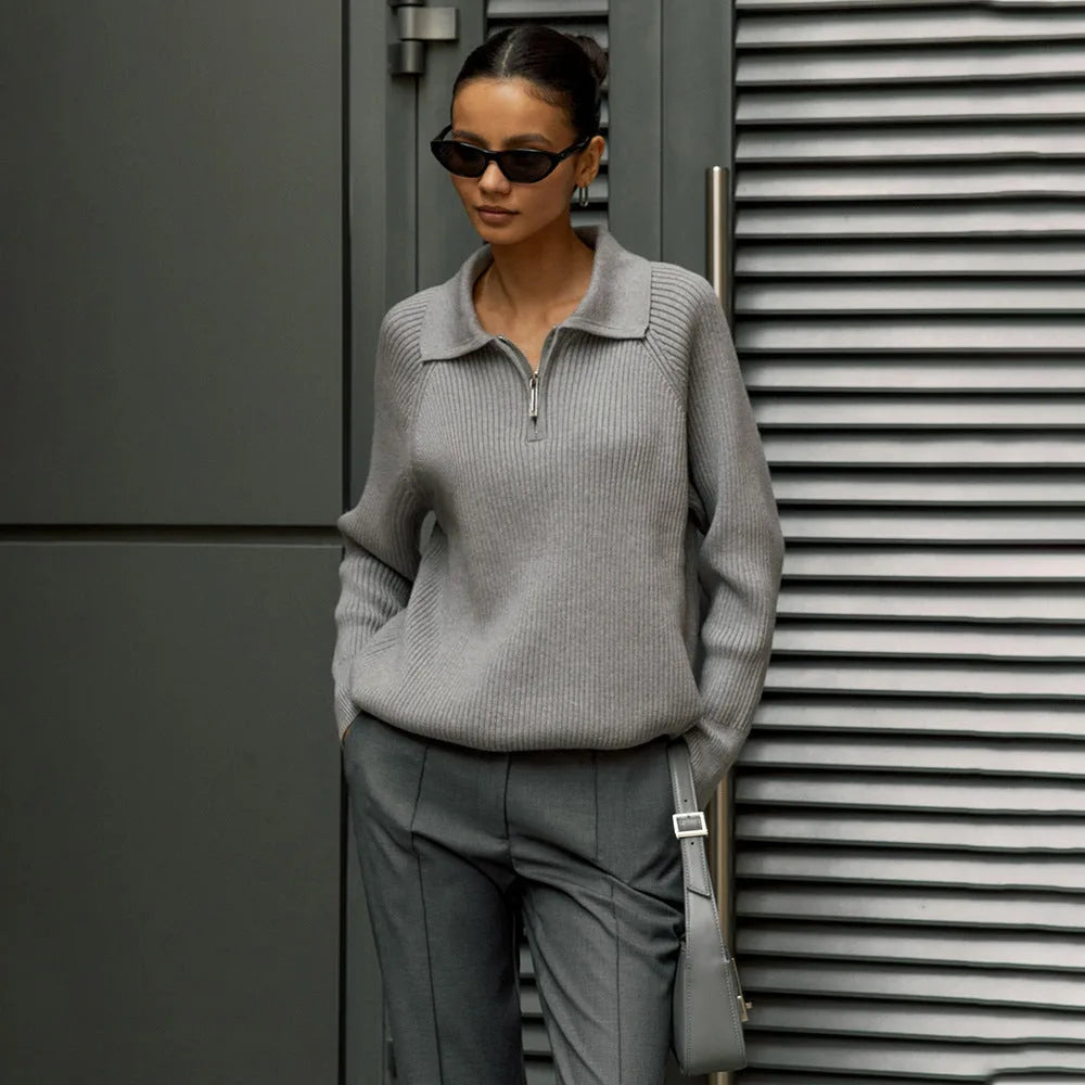 Women's ribbed collared winter half zip sweater